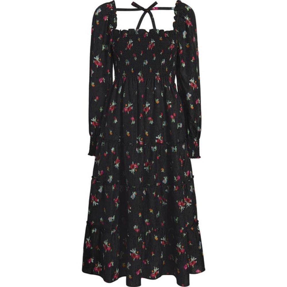 Hill House Naomi Nap Dress in Black Irate Floral Crushed Taffeta - size medium